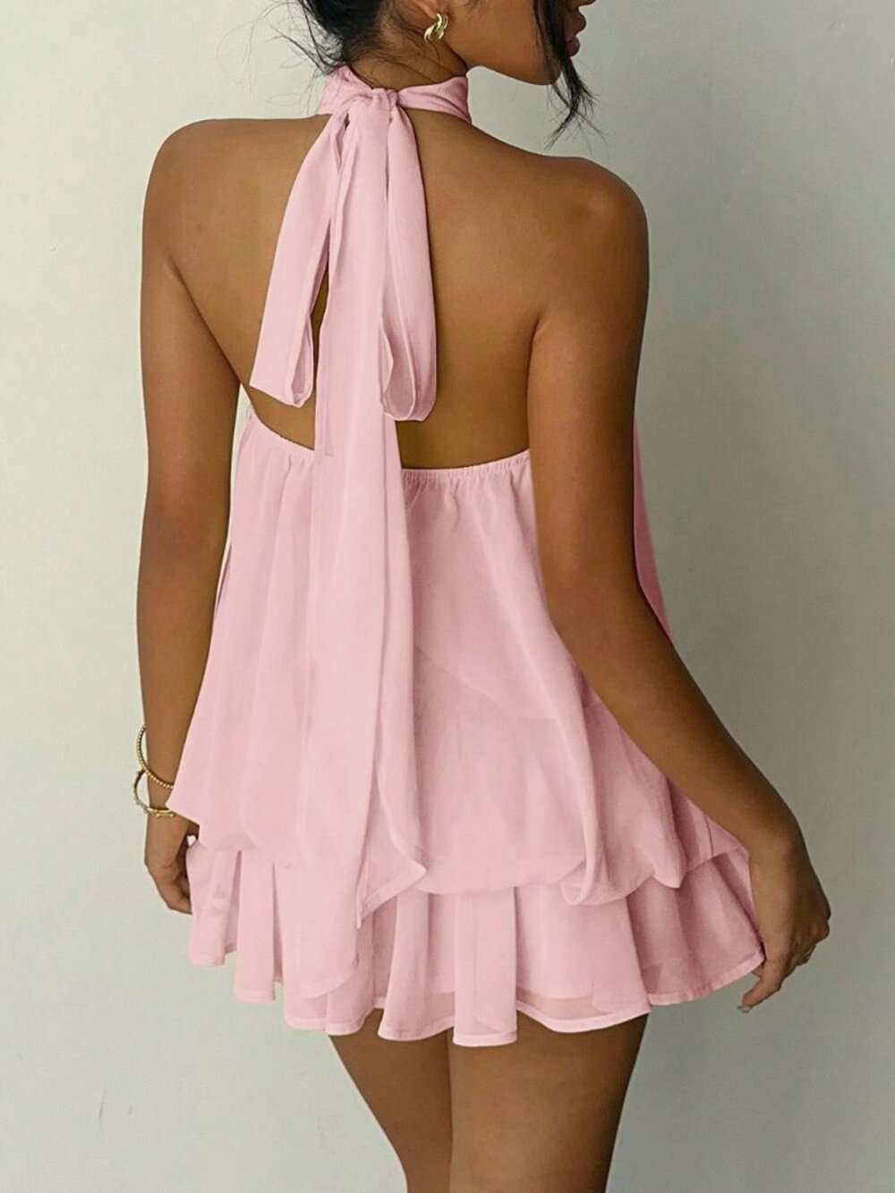 Baby Pink Casual Women's Elegant Halter Tie Mini Dress - Picture 2 of 7